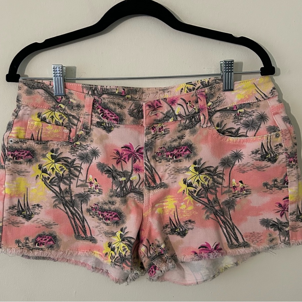 Arizona Jean Company Pink and Yellow Tropical Print Jean Shorts